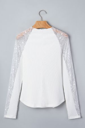 Women's White Ribbed Blouse with Floral Lace Sleeves