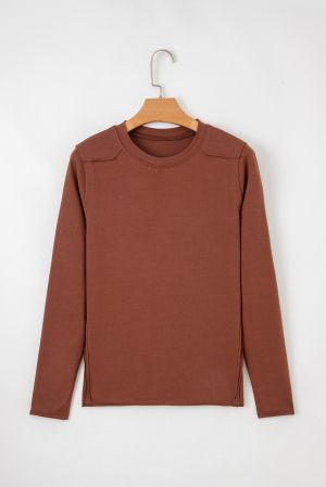 Brown Cotton Women's Long Sleeve Top with Round Neckline