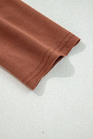 Brown Cotton Women's Long Sleeve Top with Round Neckline