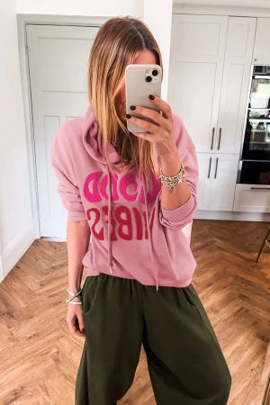 Women’s Pink GOOD VIBES Hoodie with Chenille Lettering
