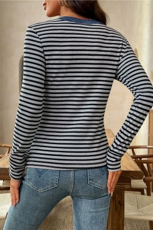 Women’s Grey and Black Striped Long Sleeve Top with Denim Contrast Collar