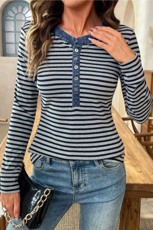Women’s Grey and Black Striped Long Sleeve Top with Denim Contrast Collar