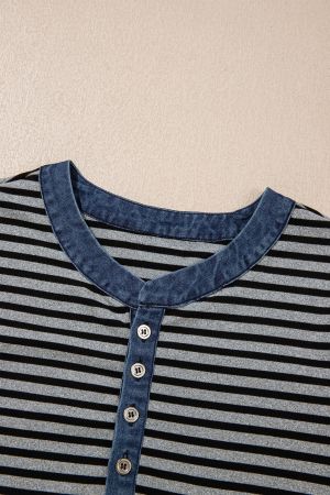 Women’s Grey and Black Striped Long Sleeve Top with Denim Contrast Collar