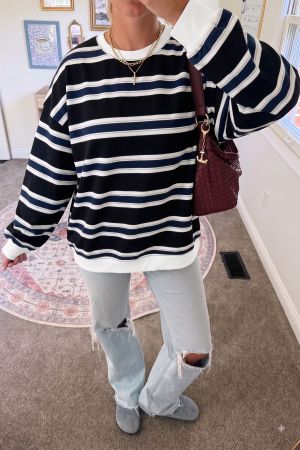 Women's Cotton Striped Sweatshirt in Navy Blue and White