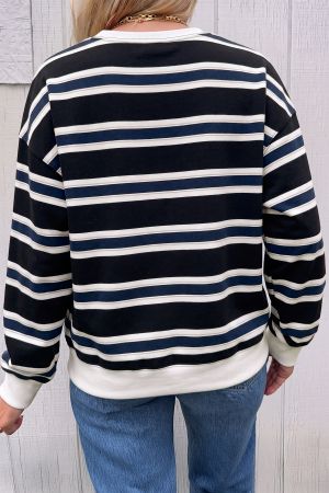 Women's Cotton Striped Sweatshirt in Navy Blue and White