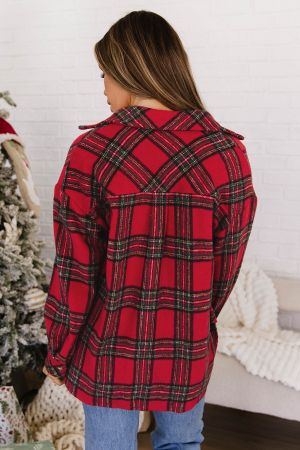 Women's Red Plaid Shirt Jacket (Shacket) with Buttons