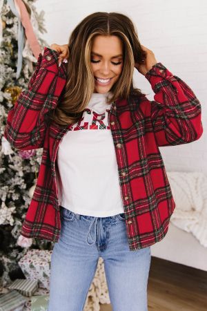 Women's Red Plaid Shirt Jacket (Shacket) with Buttons