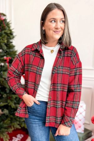 Women's Red Plaid Shirt Jacket (Shacket) with Buttons