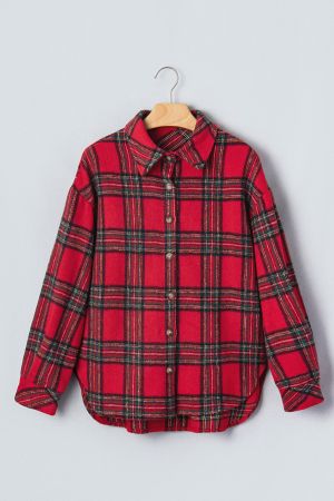 Women's Red Plaid Shirt Jacket (Shacket) with Buttons