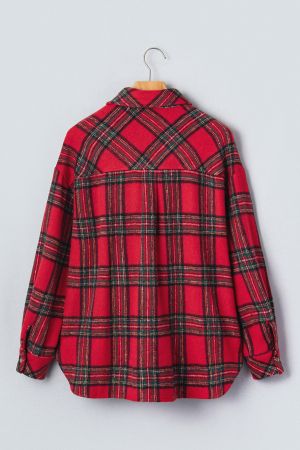 Women's Red Plaid Shirt Jacket (Shacket) with Buttons