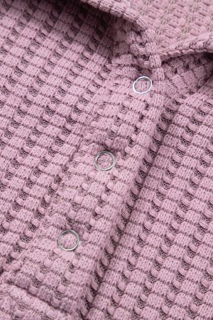 Women's Pink Waffle Textured Snap Button Collared Relaxed Fit Top