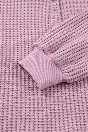 Women's Pink Waffle Textured Snap Button Collared Relaxed Fit Top