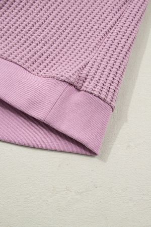 Women's Pink Waffle Textured Snap Button Collared Relaxed Fit Top