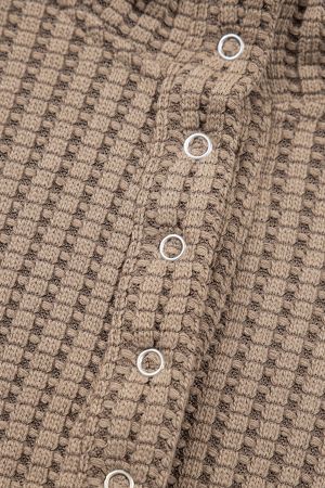 Women's Brown Waffle Textured Snap Button Collared Relaxed Fit Top