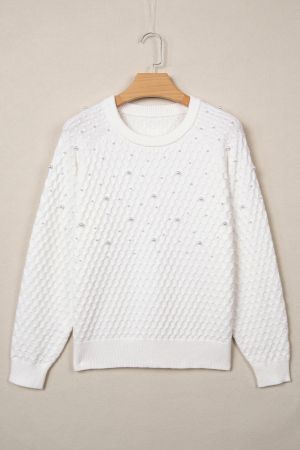 Women's White Textured Knit Sweater with Pearl Embellishments