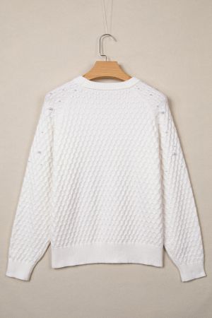 Women's White Textured Knit Sweater with Pearl Embellishments