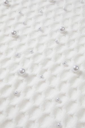 Women's White Textured Knit Sweater with Pearl Embellishments