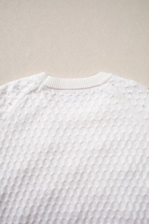 Women's White Textured Knit Sweater with Pearl Embellishments