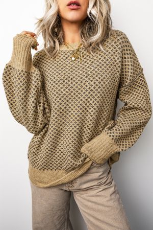 Women's Beige Geometric Print Drop Shoulder Round Neck Knit Sweater