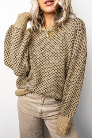 Women's Beige Geometric Print Drop Shoulder Round Neck Knit Sweater