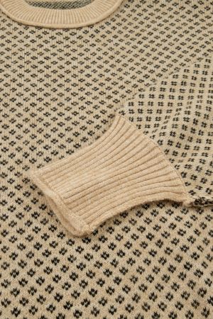 Women's Beige Geometric Print Drop Shoulder Round Neck Knit Sweater