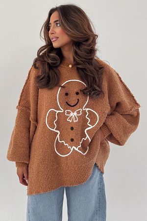 Women's Oversized Christmas Sweater with Gingerbread Print