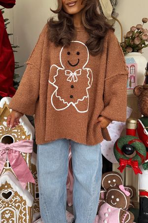 Women's Oversized Christmas Sweater with Gingerbread Print