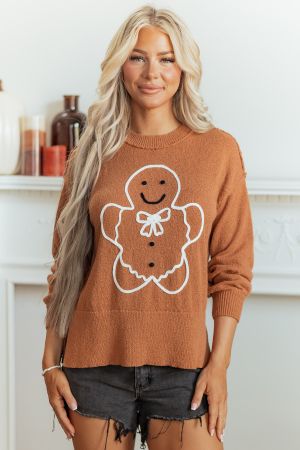 Women's Oversized Christmas Sweater with Gingerbread Print