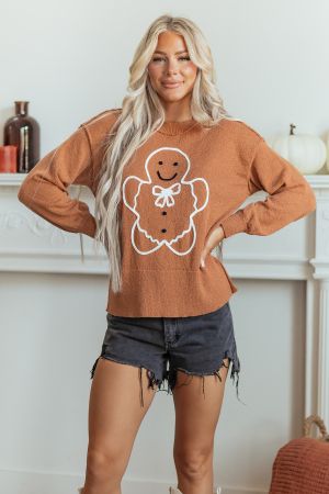 Women's Oversized Christmas Sweater with Gingerbread Print