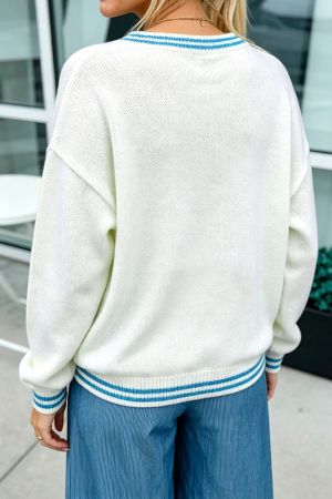 Women's White Bulldog Graphic Knit Sweater with Blue Contrast Trim