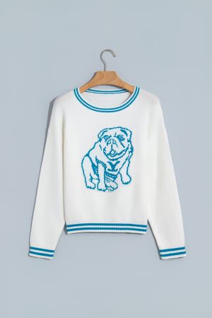 Women's White Bulldog Graphic Knit Sweater with Blue Contrast Trim