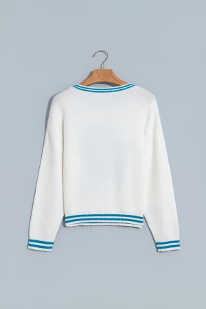 Women's White Bulldog Graphic Knit Sweater with Blue Contrast Trim