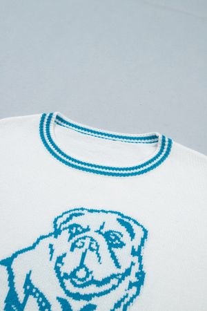 Women's White Bulldog Graphic Knit Sweater with Blue Contrast Trim