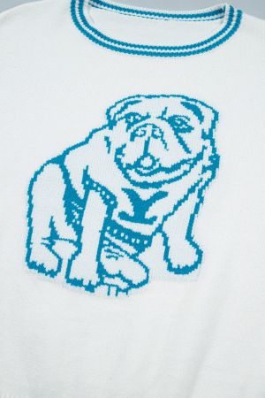 Women's White Bulldog Graphic Knit Sweater with Blue Contrast Trim