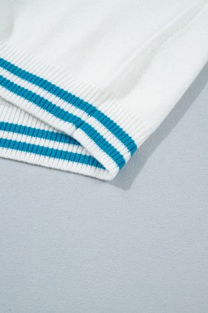 Women's White Bulldog Graphic Knit Sweater with Blue Contrast Trim