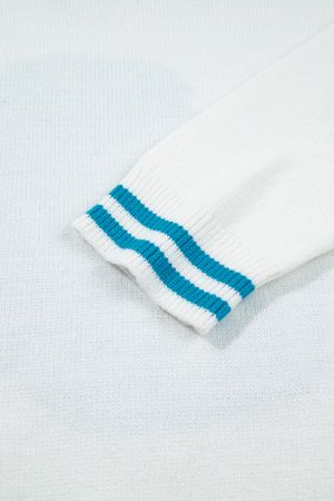 Women's White Bulldog Graphic Knit Sweater with Blue Contrast Trim