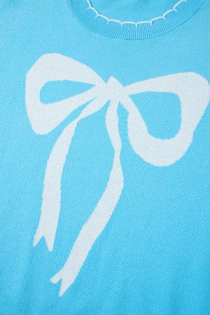 Women's Sky Blue 100% Cotton Bow Graphic Knit Sweater with Scalloped Trim