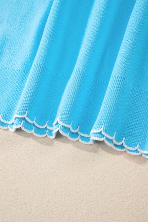 Women's Sky Blue 100% Cotton Bow Graphic Knit Sweater with Scalloped Trim