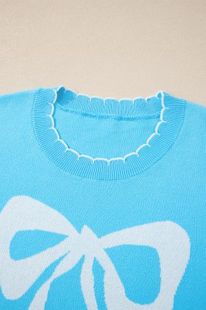 Women's Sky Blue 100% Cotton Bow Graphic Knit Sweater with Scalloped Trim