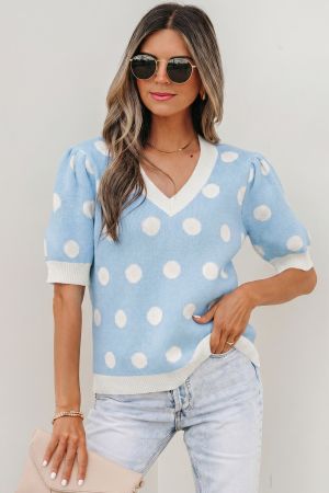 Women's Sky Blue Polka Dot Knit Sweater with Short Puff Sleeves