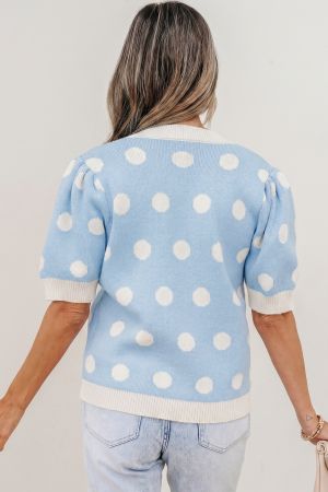 Women's Sky Blue Polka Dot Knit Sweater with Short Puff Sleeves