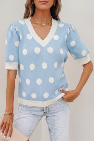 Women's Sky Blue Polka Dot Knit Sweater with Short Puff Sleeves