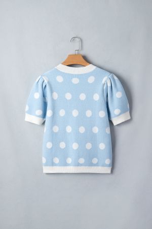 Women's Sky Blue Polka Dot Knit Sweater with Short Puff Sleeves