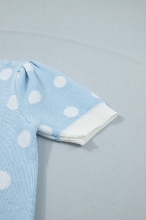 Women's Sky Blue Polka Dot Knit Sweater with Short Puff Sleeves
