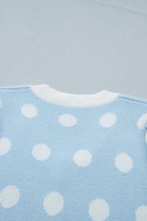 Women's Sky Blue Polka Dot Knit Sweater with Short Puff Sleeves