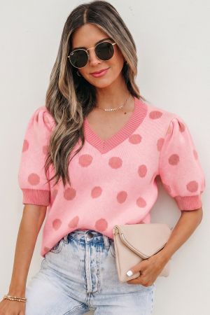 Women's Pink Polka Dot Knit Sweater with Short Puff Sleeves