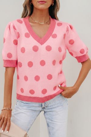 Women's Pink Polka Dot Knit Sweater with Short Puff Sleeves