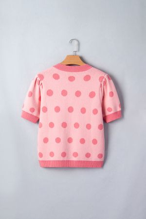 Women's Pink Polka Dot Knit Sweater with Short Puff Sleeves