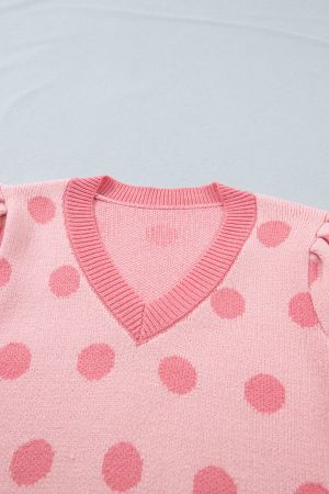 Women's Pink Polka Dot Knit Sweater with Short Puff Sleeves