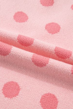 Women's Pink Polka Dot Knit Sweater with Short Puff Sleeves